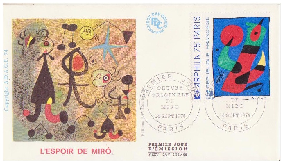 PEINTRE - PAINTER ** Oeuvre Originale De Joan MIRO ** Yvrt N°1811 FDC De FRANCE 1974 - 1970-1979