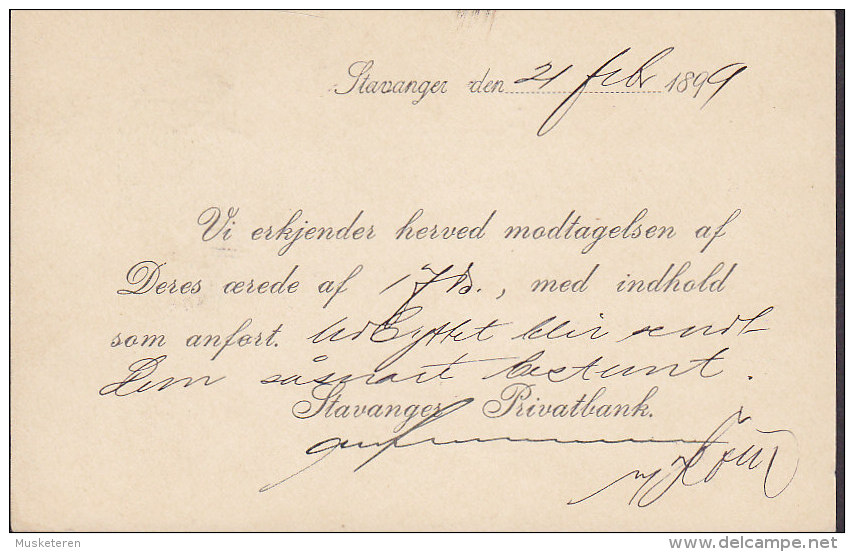 Norway Postal Stationery Ganzsache Entier Private Print STAVANGER PRIVATBANK, STAVANGER 1899 To RØRAAS (2 Scans) - Postwaardestukken