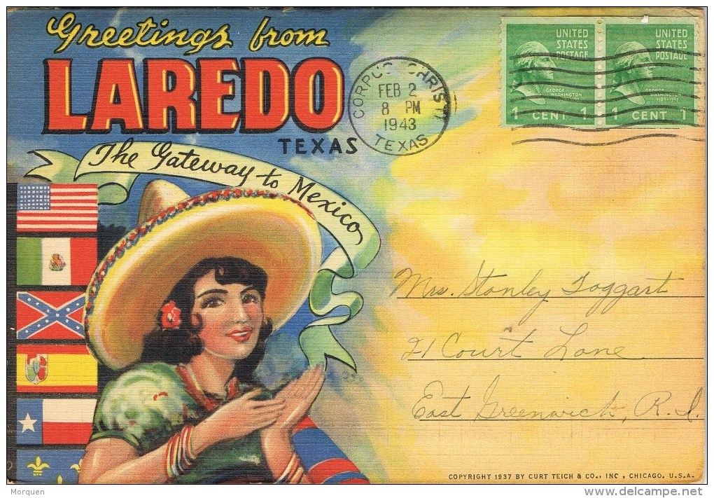 7490. Paquete Postal Suvenirs LAREDO, Fechador Corpus Christi (texas) 1943 - Laredo