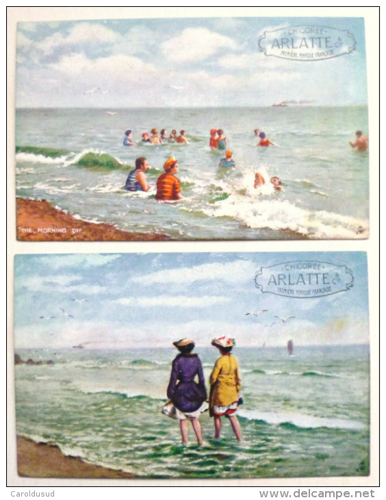 CPA LOT 2X LITHO Illustrateur TUCK OILETTE SUMMER SEA Baigneuse Mer Plage PUBLICITE Chicoree ARLATTE Voyagé 1905 - Tuck, Raphael