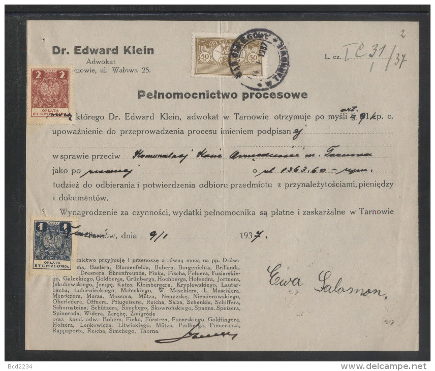 POLAND 1934 POWER OF ATTORNEY 3ZL GENERAL REVENUE (2ZL BF#93 + 1ZL#106) +50GR COURT REVENUE (BF#17) TARNOW ZABNO - Fiscaux