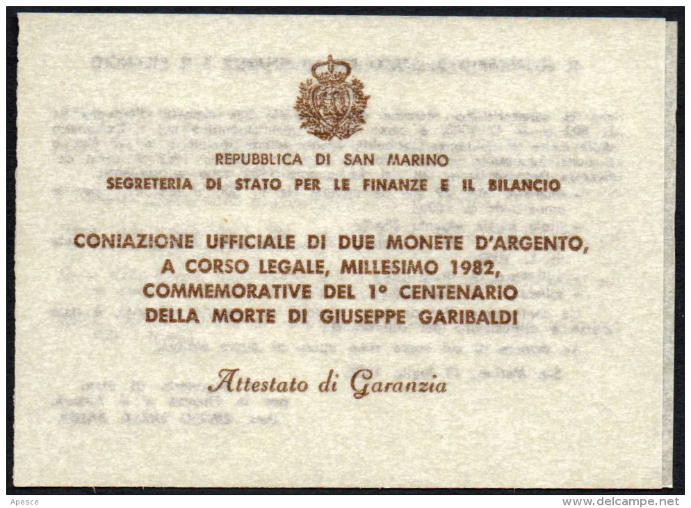 SAN MARINO 1982 - 1° CENTENARIO MORTE DI GIUSEPPE GARIBALDI - 500 LIRE + 1.000 LIRE ARGENTO - CONFEZIONE IPZS - 2 FOTO - San Marino