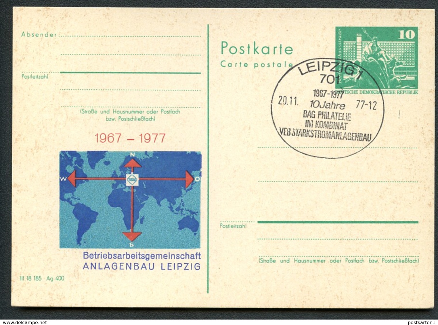 DDR P79-10a-77 C45 Postkarte PRIVATER ZUDRUCK Leipzig Sost. 1977 - Privé Postkaarten - Gebruikt