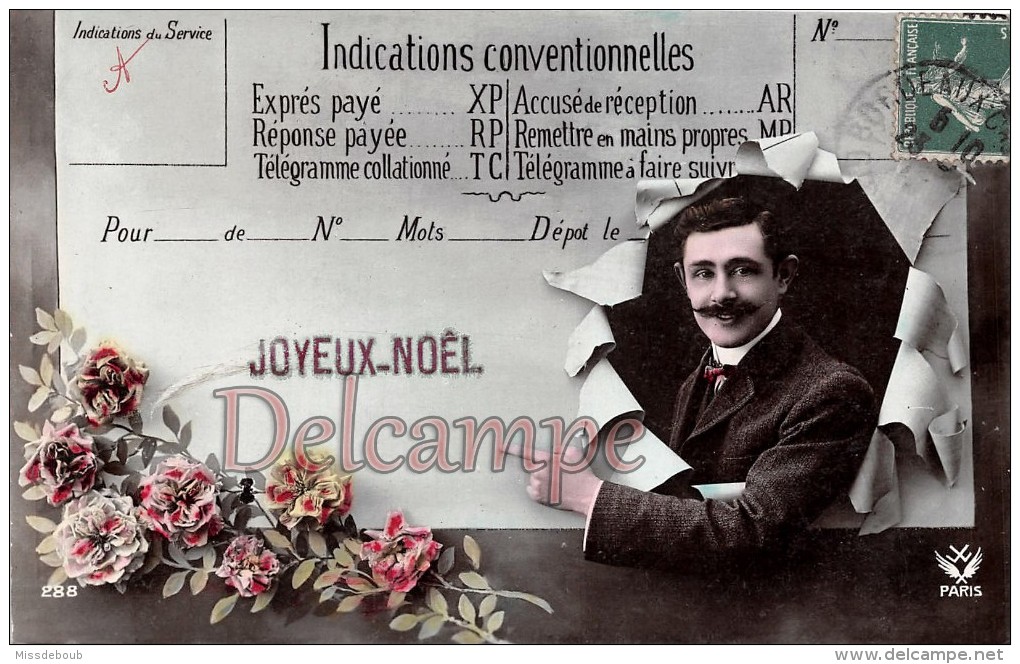 TELEGRAMME - Homme Moustaches Et Fleurs - JOYEUX NOEL - MERRY CHRISTMAS -TELEGRAM - Man Mustaches And Flowers - Poste & Facteurs