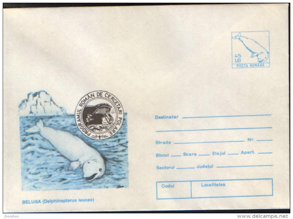 Romania-Stationery Cover Unused,1994- Whale;Baleine Beluga,Romanian Polar Research Program - Programmes Scientifiques