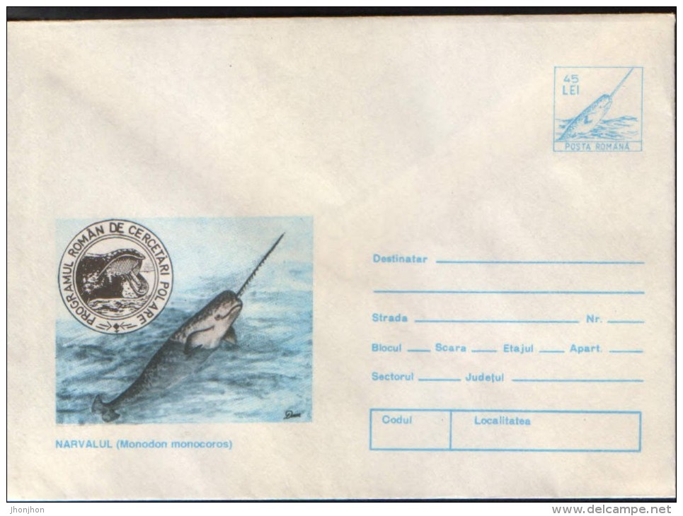 Romania-Stationery Cover Unused,1994- Whale;Baleine Narwhal,Romanian Polar Research Program - Forschungsprogramme