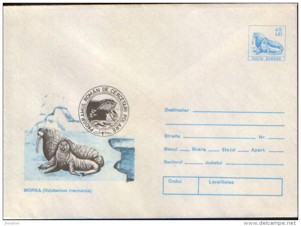 Romania-Stationery Cover Unused,1994- Walrus ; Morse  ,Romanian Polar Research Program - Research Programs