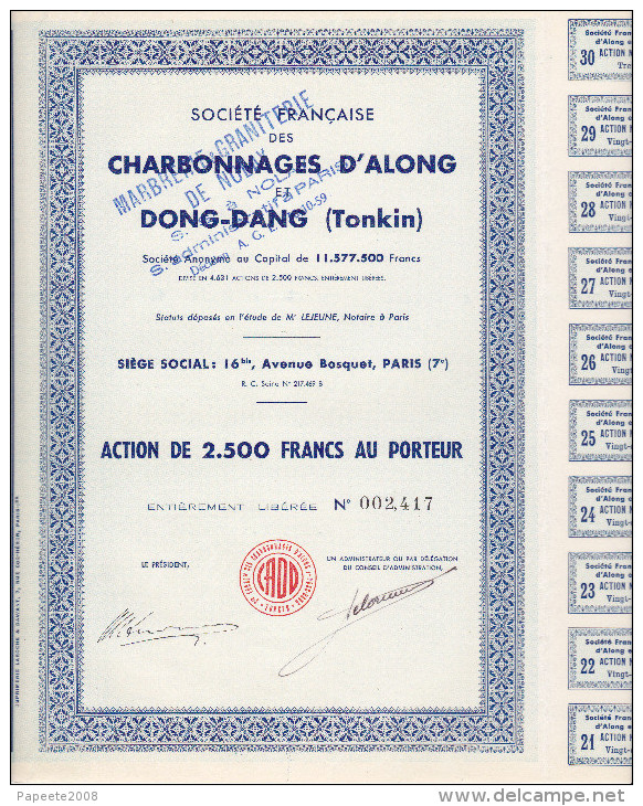 Indochine - Sté Des Charbonnages D'Along Et Dong-Dang / A 2500 F Avec Tampon En Surcharge - Asien