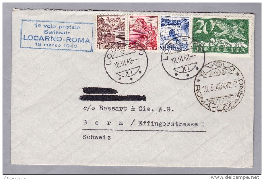 Schweiz Flugpost 1940-03-18 Locarno-Roma Brief - First Flight Covers
