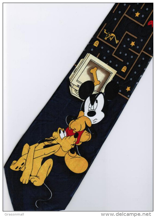 Mickey Mouse Pluto Disney Thinking PAC-MAN DARK Silk Cartoon Novelty Fancy NECK TIE - Other & Unclassified