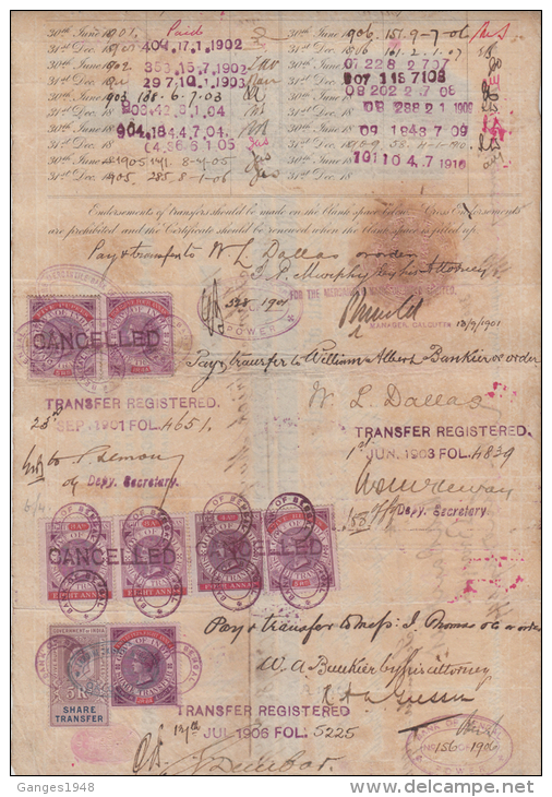 India  QV  7  Share Transfer  Revenues  To  5R  On Document # 62847  Inde Indien - 1882-1901 Empire