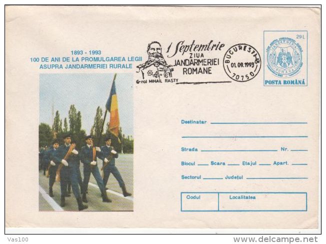 ROMANIAN GENDARMERIE'S DAY, COVER STATIONERY, ENTIER POSTAL, 1993, ROMANIA - Police - Gendarmerie