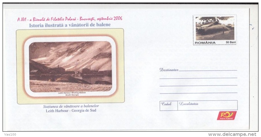 WHALES HUNTINGS HISTORY, LEITH HARBOUR STATION, COVER STATIONERY, ENTIER POSTAL, 2006, ROMANIA - Balene