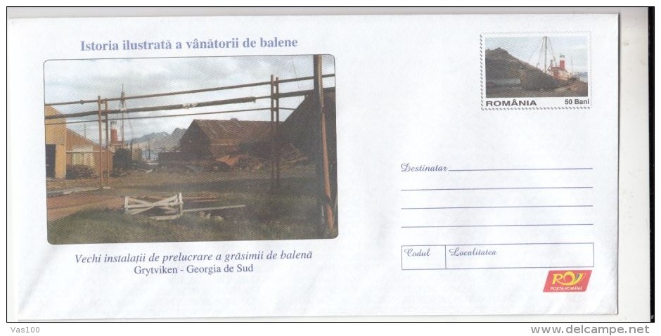 WHALES HUNTINGS HISTORY, GRYTVIKEN- FAT PROCESSING, COVER STATIONERY, ENTIER POSTAL, 2006, ROMANIA - Baleines