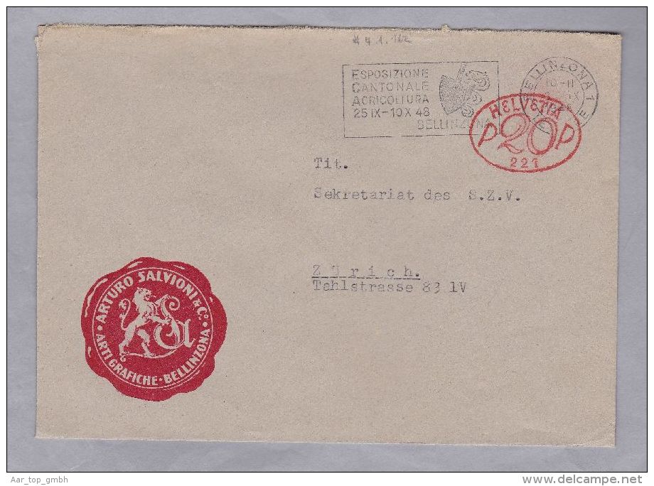 MOTIV Landwirstchaft 1948-09-09 Bellinzona Flaggenstempel #4.1.162 Esposizione Cantonal Agricoltura Firmenfreistempel - Storia Postale