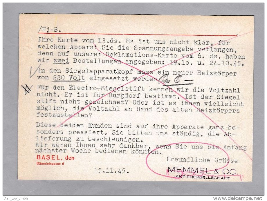 MOTIV BURO Stempel 1945-11-15 Basel Firmen-freistempel MECOBA-stempel Memmel&Cie,AG Basel - Brieven En Documenten