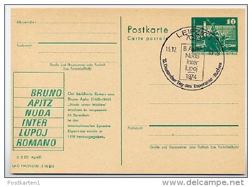 DDR P79-36a-80 C135-a Postkarte PRIVATER ZUDRUCK Esperanto Bruno Apitz Leipzig Sost.1980 - Cartes Postales Privées - Oblitérées