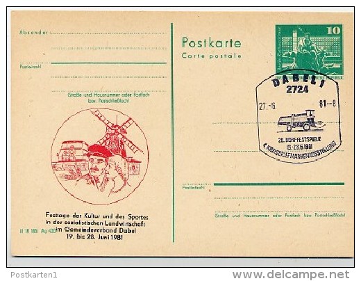 DDR P79-25-81 C158 Postkarte PRIVATER ZUDRUCK Windmühle Mähdrescher Dabel Sost. 1981 - Private Postcards - Used