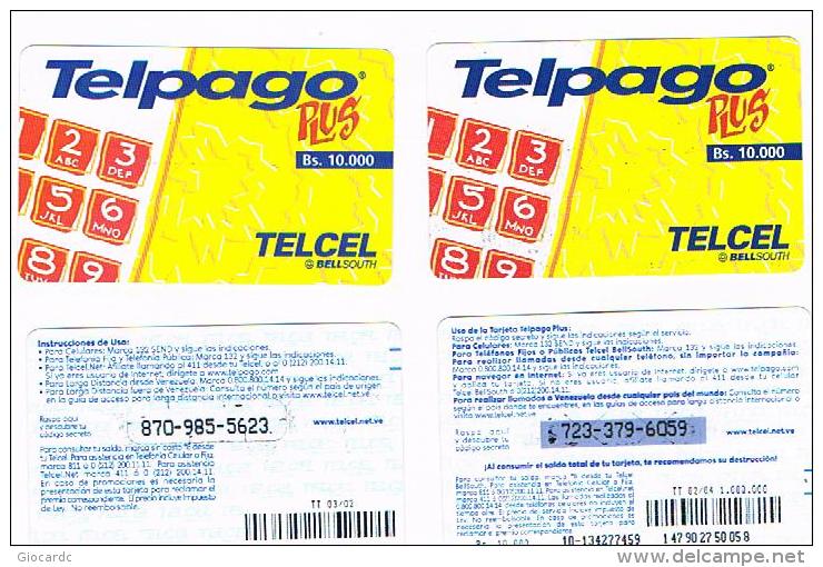 VENEZUELA - TELCEL BELL SOUTH (GSM RECHARGE) - TELPAGO: LOT OF 2 WITH  DIFFERENT  BACK -   USED -  RIF. 2174 - Venezuela