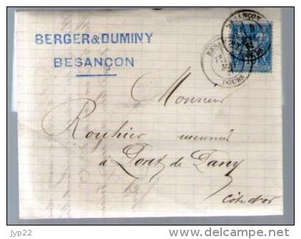 France TP Sage 90 - CAD Besançon 5-05-1881 Pour Rouhier Pont De Pany - Lettre LAC Berger & Duminy - 1877-1920: Période Semi Moderne