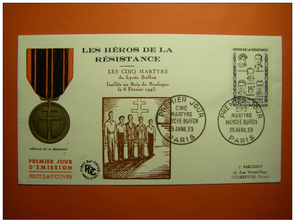 France Série 1959 Héros Résistance Martyrs Moutardier Mederic-védy Martin-bret Le Roux 1198 A 1202 FDC 1ER JOUR - Autres & Non Classés