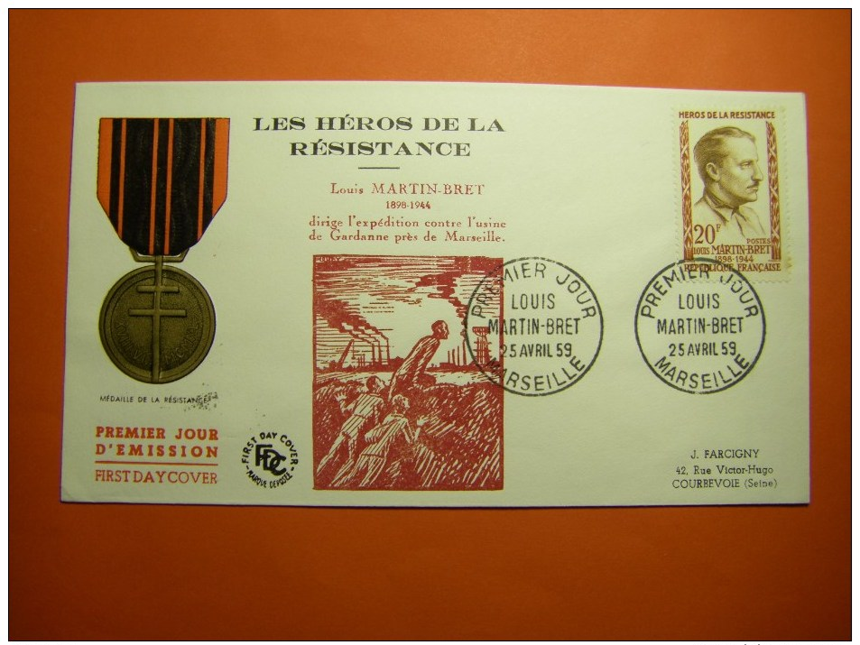 France Série 1959 Héros Résistance Martyrs Moutardier Mederic-védy Martin-bret Le Roux 1198 A 1202 FDC 1ER JOUR - Autres & Non Classés