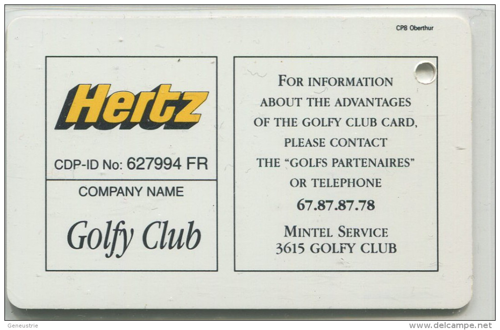 Spécimen De Carte De Golf (annulée Par Perforation) "Golfy Club" - Pub Location De Voiture Hertz Au Verso - Oberthur - Trading Cards