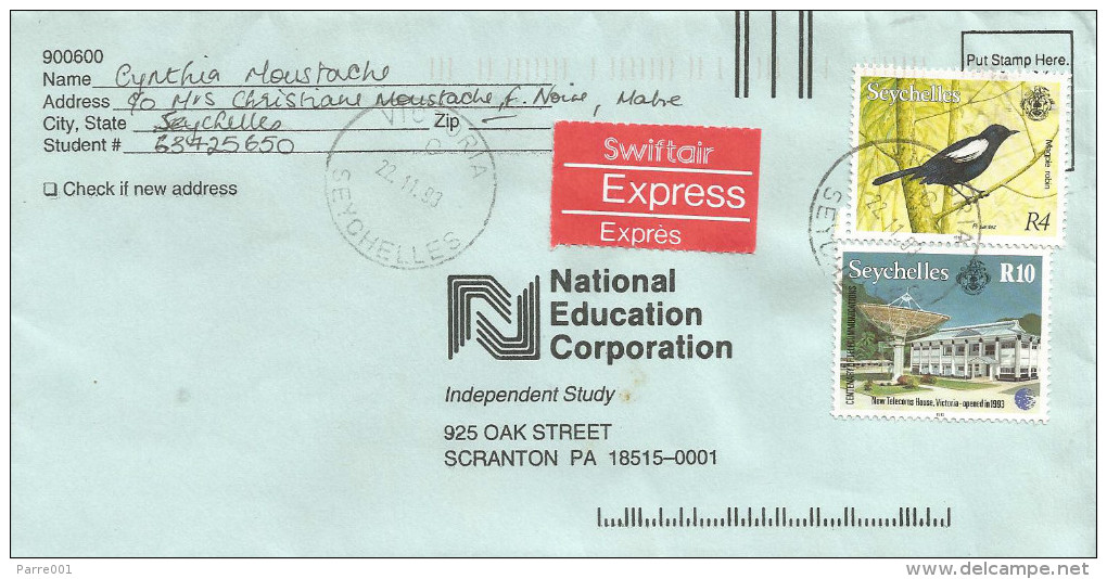 Seychelles 1993 Victoria Satellite Dish Telecommunication Telegraph Office Magpie Robin Bird Express Cover - Seychelles (1976-...)