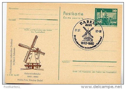 Windmühle Dabel DDR P79-27-82 C196 Postkarte Zudruck Sost. 1982 - Windmills