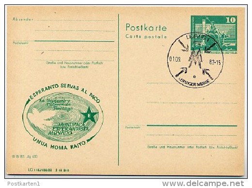 DDR P79-31-82 C200 Postkarte PRIVATER ZUDRUCK Esperanto Weltfriedenstag Leipzig Sost. 1982 - Cartes Postales Privées - Oblitérées