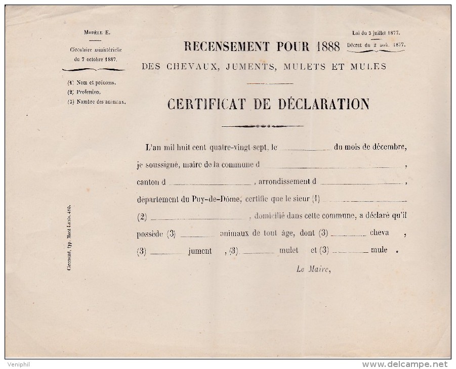 CIRCULAIRE -RECENSEMENT POUR 1888 DES CHEVAUX, JUMENTS, MULETS ET MULES- - Décrets & Lois