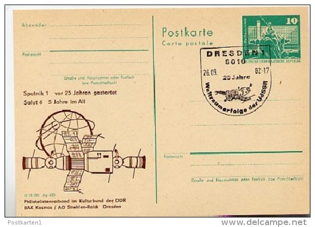 DDR P79-34-82 C204-a Postkarte PRIVATER ZUDRUCK Sputnik1 / Saljut 6  Dresden Sost. 1982 - Cartoline Private - Usati