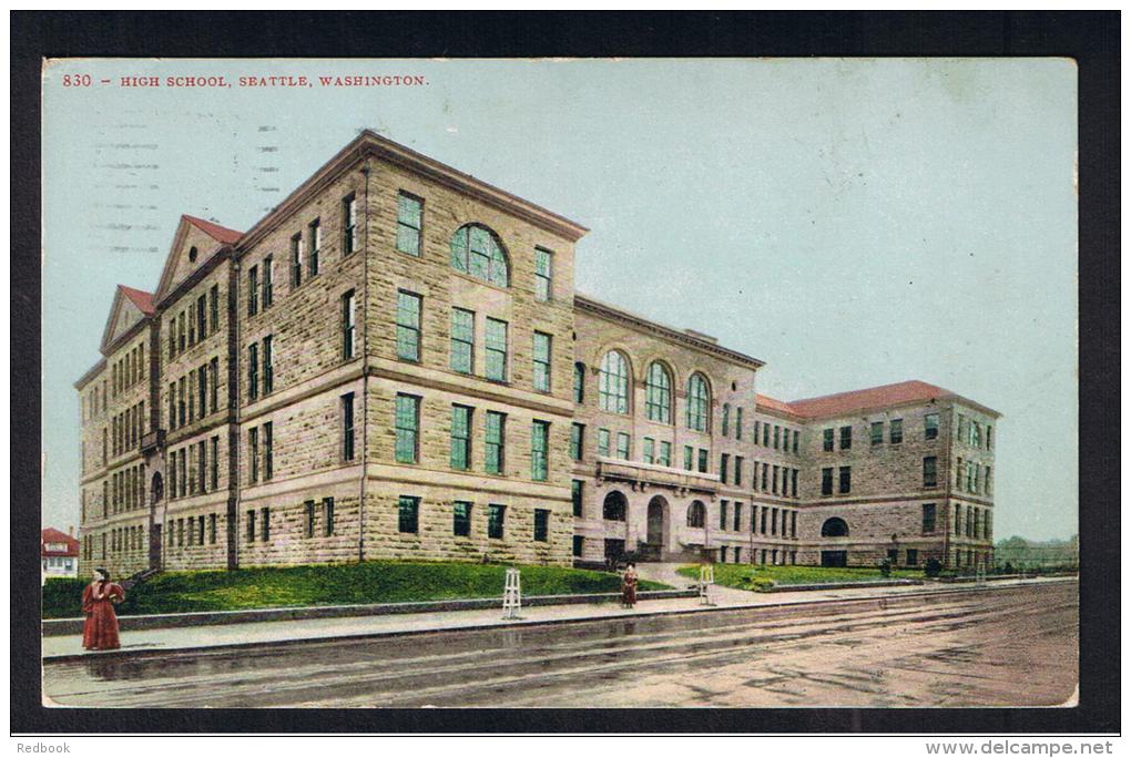 RB 979 - 1908 USA Postcard - High School - Seattle Washington - World Fair Slogan Postmark - 2c Rate To UK - Seattle