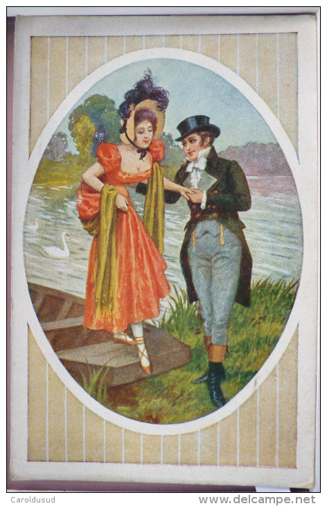 Cp Litho Illustrateur Art Italie 177 - 3  Couple Elegant Femme Chapeau Plume Sortant De Barque Cygne - Corbella, T.