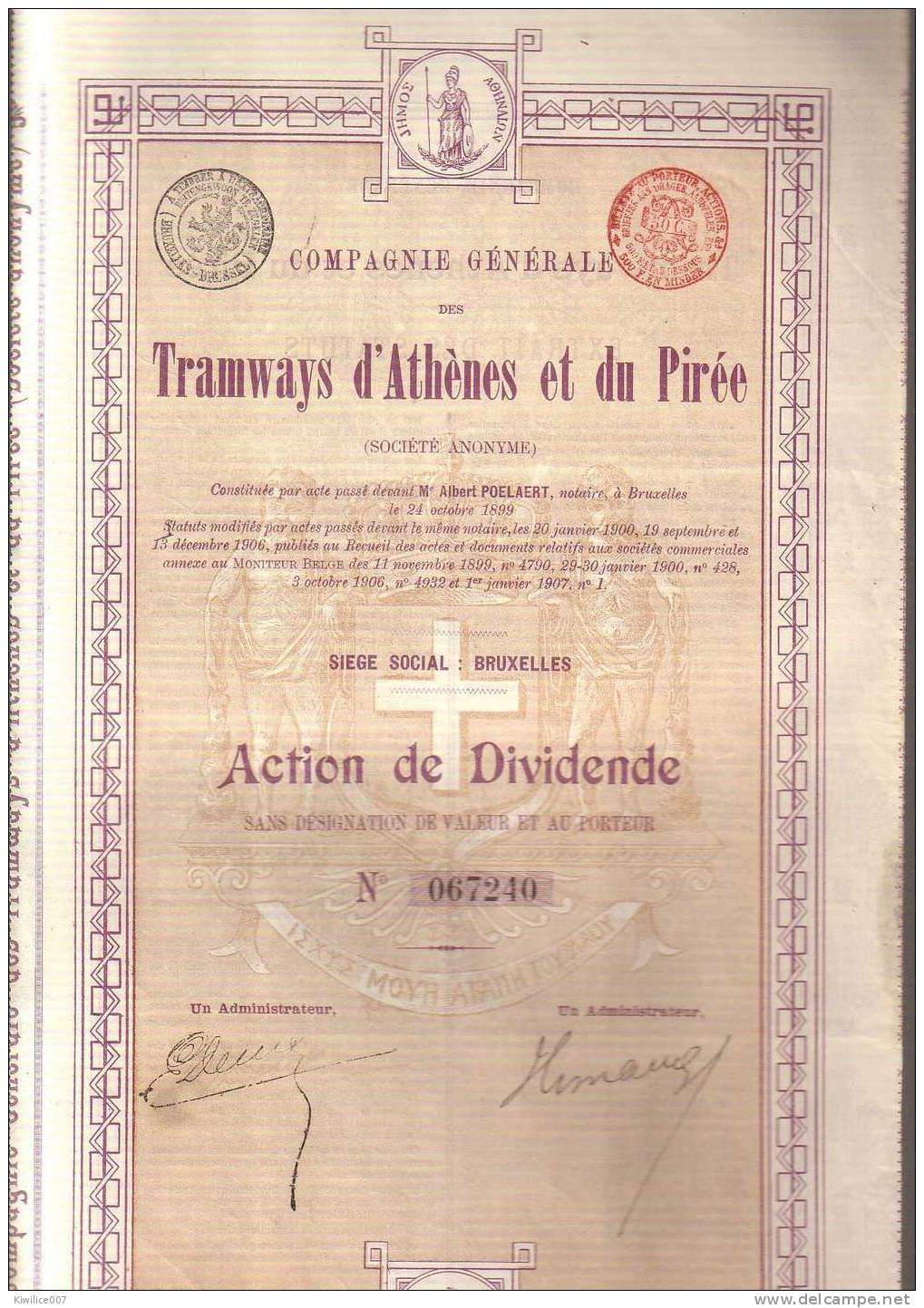 Tramways Tram Tramway Grece Greece  D Athenes Et Du  Pirée     Compagnie Générale   Des ...action De Dividente    1907 - Transports