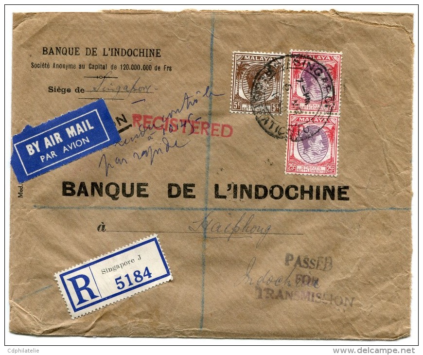 LETTRE RECOMMANDEE PAR AVION DE LA BANQUE DE L'INDOCHINE AGENCE DE SINGAPORE POUR L'AGENCE D'HAIPHONG - Singapour (...-1959)