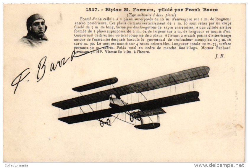 LUCHTVAART    1 CP    Biplan M Farman Piloté Par Frank BARRA Autograph - ....-1914: Vorläufer