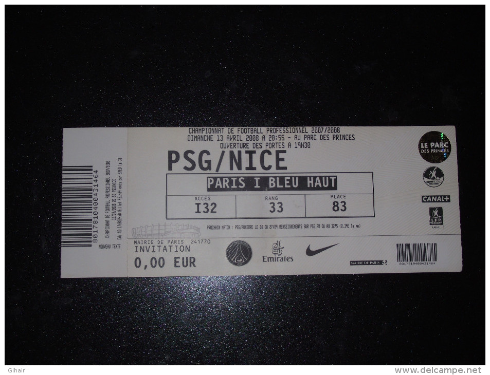 Billet PSG / OGCN (2008) (Nice) - Autres & Non Classés