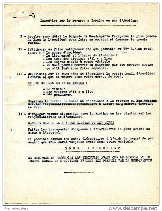 Militaria VP - Directive Sur Mesures à Prendre En Cas Accident - Gendarmerie - Compte Rendu - Origine 33° RA POITIERS - Documents