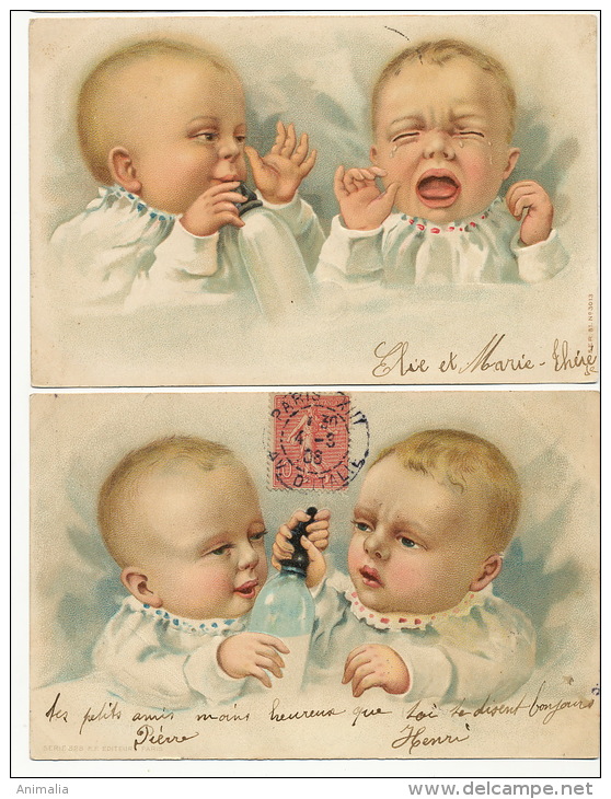 2 Cartes Bébés Gaufrée Artiste Dessin  Biberon Lait Milk - Cartes Humoristiques