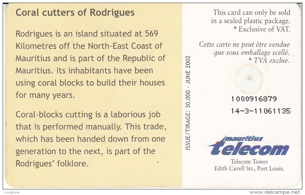 MAURITIUS - 240u - CORAL CUTTERS OF RODRIGUES - Tir.30.000 - Mauritius