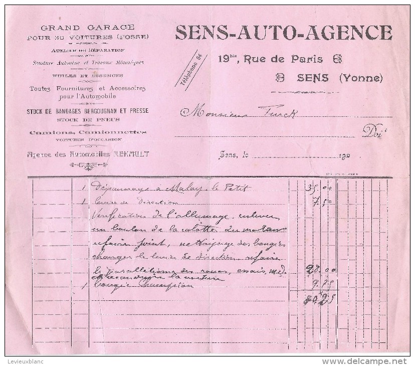 Automobile/Facture De Dépannage Et Réparation/Sens Auto Agence/YONNE//1922  AC61 - Automobili
