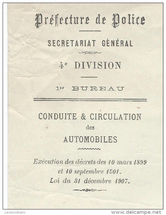 Automobile/Préfecture De Police/Piéces à Fournir/ Mise En Service D'une Voiture Automobile/1922  AC62 - Voitures