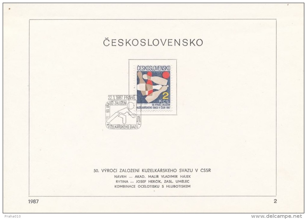 Czechoslovakia / First Day Sheet (1987/02) Praha: 50 Anniversary Of Bowling Association CSSR; Painter: Vladimir Hajek - Petanca