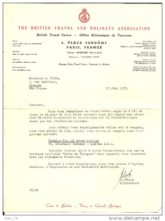 2 Lettres Entête  THE BRITISH TRAVAL AND HOLIDAYS ASSOCIATION De 1955,  Horaires CAR FERRY  Et Documents Divers - Sport & Tourismus