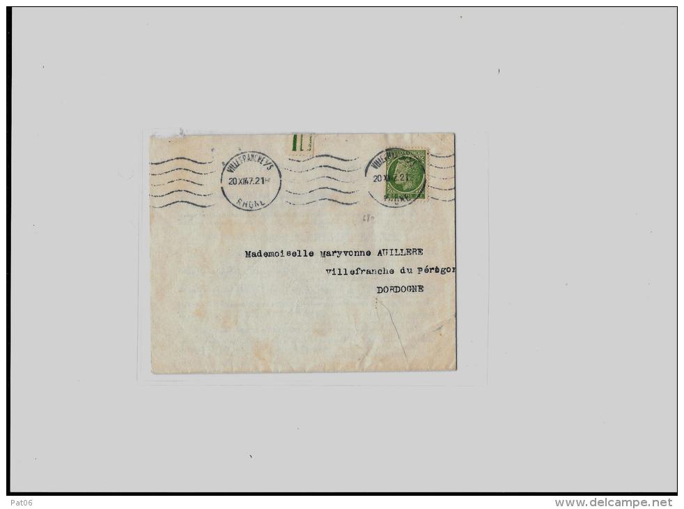 69 &ndash; RHONE &laquo; VILLEFRANCHE S/S &raquo; KRAG 5LO   20.XII.47/680IMPR. ORD. S/ Env. Ouverte 1er Ech. - Tarif Du - 1945-47 Cérès De Mazelin