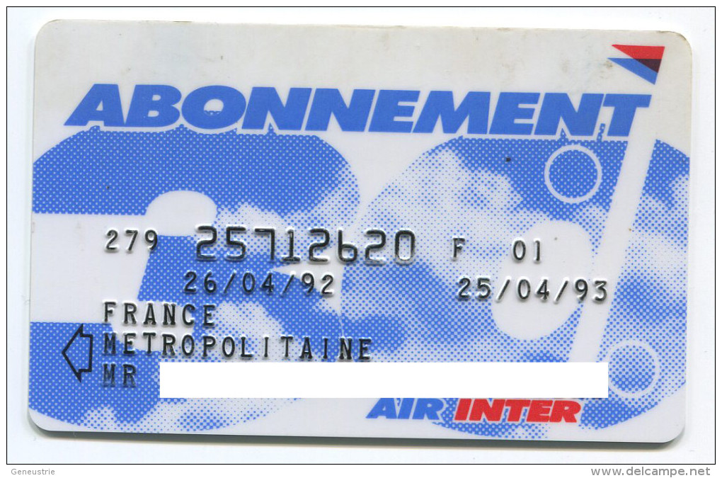 Carte D´abonnement Air Inter - Aviation - Avion - Compagnie Aérienne - Tickets