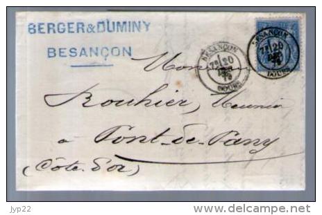 France TP Sage 90 - CAD Besançon 20-12-1879 Pour Rouhier Pont De Pany - Lettre LAC Berger & Duminy - 1877-1920: Semi Modern Period