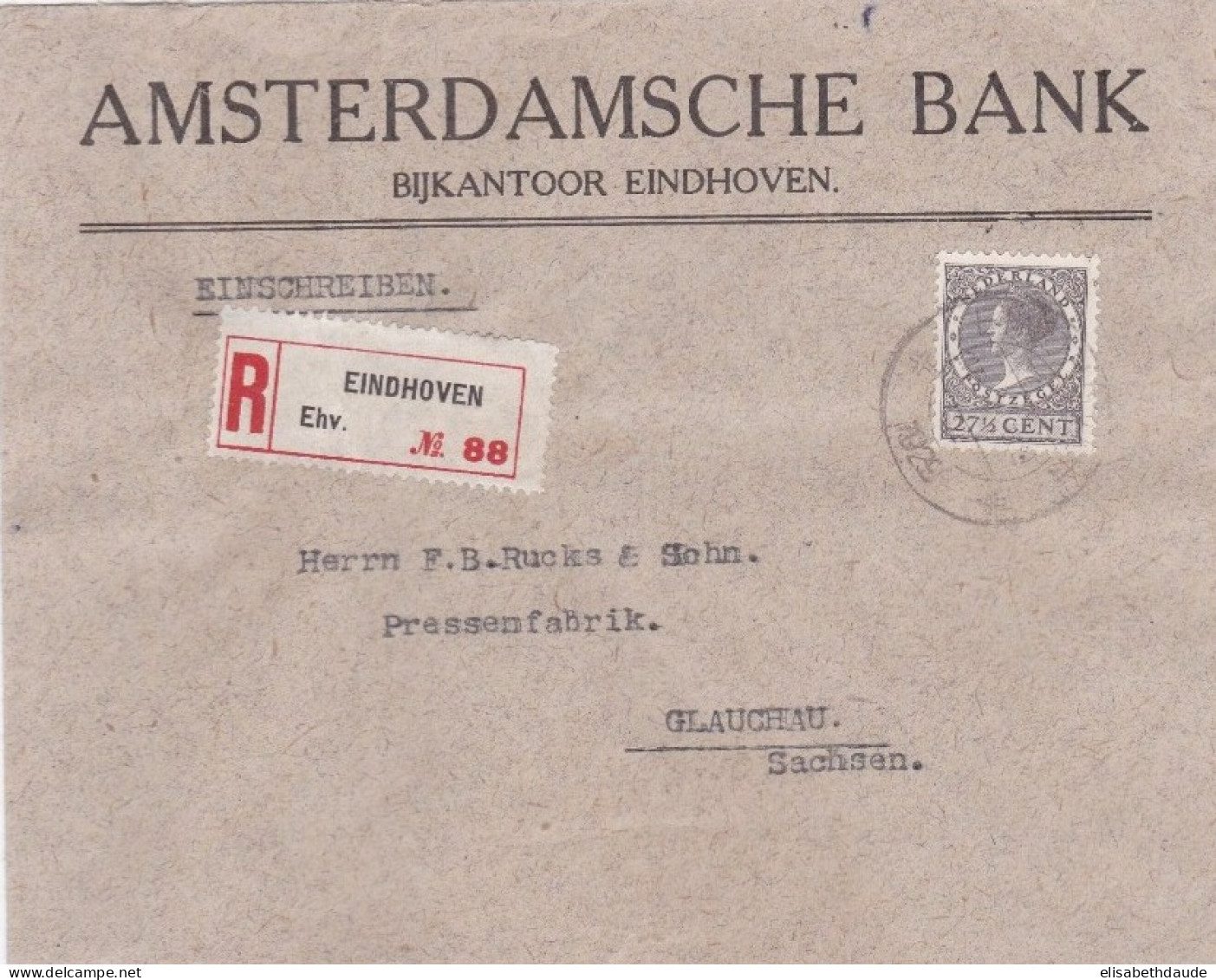 NEDERLAND - 1929 - ENVELOPPE RECOMMANDEE De EINDHOVEN Pour GLAUCHAU - Storia Postale