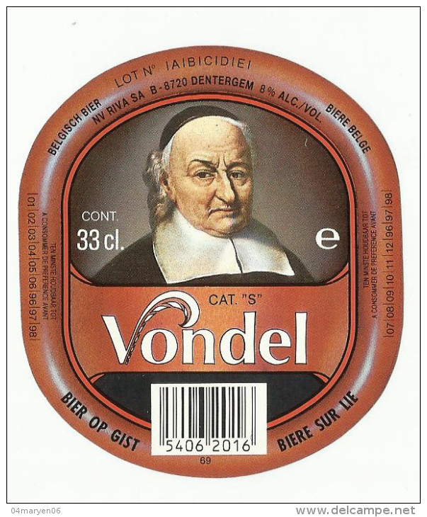 - *   DENTERGEM   . **  1 X BIERETIKET -BR. RIVA  "--- VONDEL - Bière